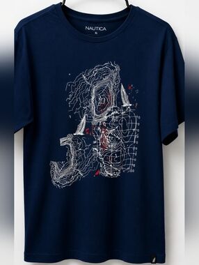 Nautica Men’s Graphic T-Shirt XL Navy Blue 100% Cotton Nautical Print Casual